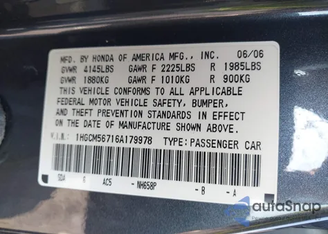 2006 Honda Accord 2.4 Ex z USA, uszkodzony, nr VIN 1HGCM56716A179978